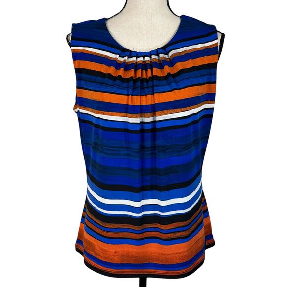 Calvin Klein Large Top Striped Sleeveless Stretch Pleated Keyhole Round Neck - Picture 1 of 10